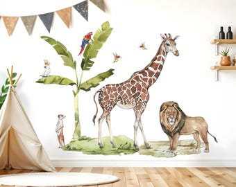 May include: A set of jungle animal wall decals featuring a giraffe, lion, parrot, and a monkey. The decals are printed on a white background and are perfect for adding a touch of whimsy to any room.