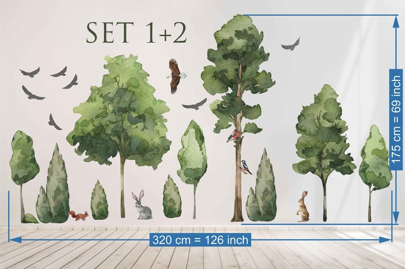 Riesen Laubbäume Wandtattoo, Tiere, große Baum Wandtattoos, Wald Wandtattoos, Aquarell Abziehbilder Set 1 + 2