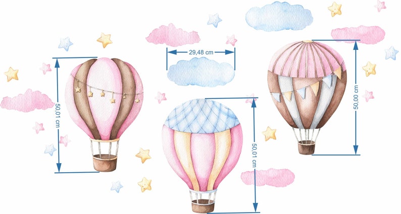 Wall Stickers for Kids, Nursery Decals Pink and Blue Hot Air Balloons image 2