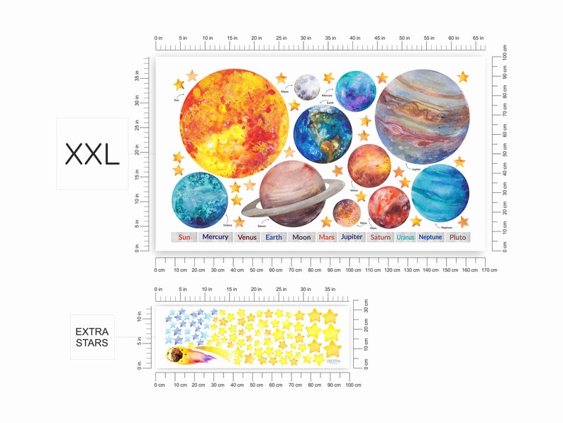 Solar System Large Wall Stickers for Kids Planets Space Big Solar System Wall Stickers Bedroom Playroom Watercolor XXL + EXTRA STARS