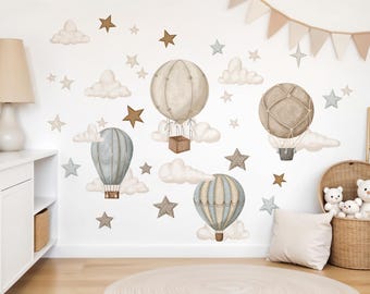 Wall sticker hot air balloon beige wall sticker for children's room stars and clouds wall sticker baby room wall decoration