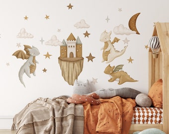 Large wall sticker with magical dragon and castle - wall decoration girls boys room birthday baby shower gift
