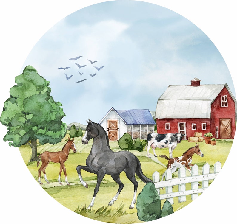 Large Wall Stickers Farm Circle Horses, Farm Sticker Country Life, Rural Life image 2