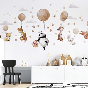 Grote muurstickers met dieren op beige ballonnen Panda Hert Fox Bunny afbeelding 4