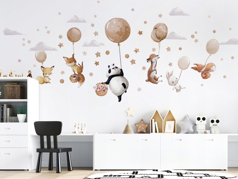 Grote muurstickers met dieren op beige ballonnen Panda Hert Fox Bunny afbeelding 4