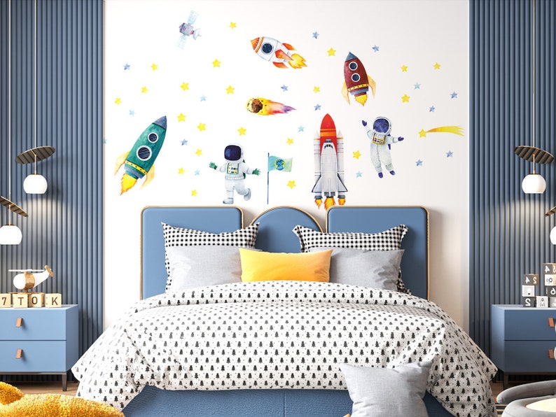 Aquarell Wandaufkleber Weltraum, Raketen, Kosmonauten Schälen und aufkleben Leerzeichen Schlafzimmer Spielzimmer Bild 8