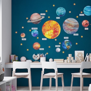 Aquarell Sonnensystem Große Wandtattoos für Kinder, Große Wandaufkleber Planeten, Kinderzimmer, Wandsticker, Wand Dekor Set Selbstklebend Bild 2