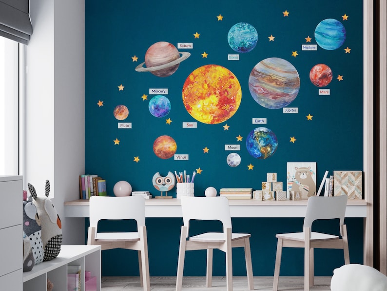 Aquarell Sonnensystem Große Wandtattoos für Kinder, Große Wandaufkleber Planeten, Kinderzimmer, Wandsticker, Wand Dekor Set Selbstklebend Bild 2