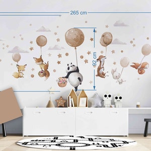 Grands stickers muraux avec animaux sur ballons beiges Panda Cerf Renard Lapin LARGE SIZE