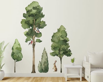 Large Trees Wall Stickers set, Forest Stickers, Giant Deciduous Trees Wall Decal, Animals, Forest Wall Decals, Watercolor Decals