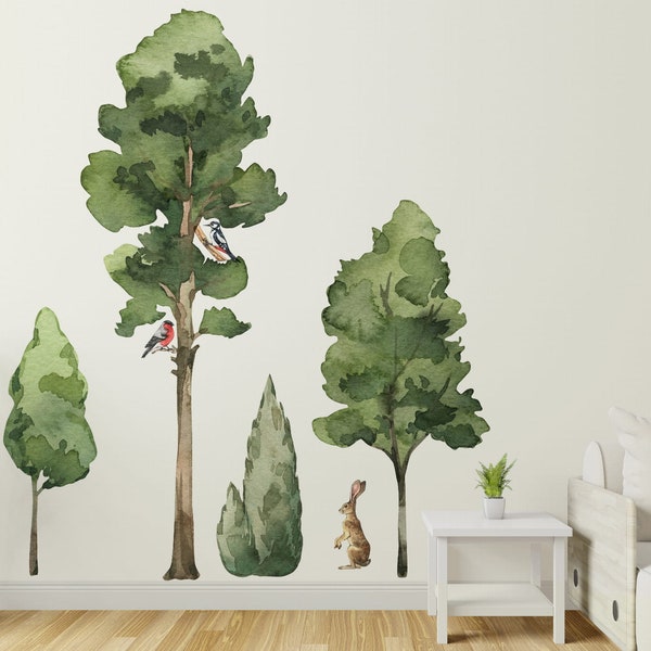 Large Trees Wall Stickers set, Forest Stickers, Giant Deciduous Trees Wall Decal, Animals, Forest Wall Decals, Watercolor Decals