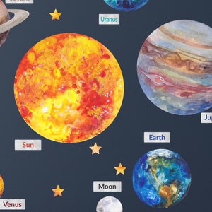 Solar System Large Wall Stickers for Kids Planets Space Big Solar System Wall Stickers Bedroom Playroom Watercolor image 5