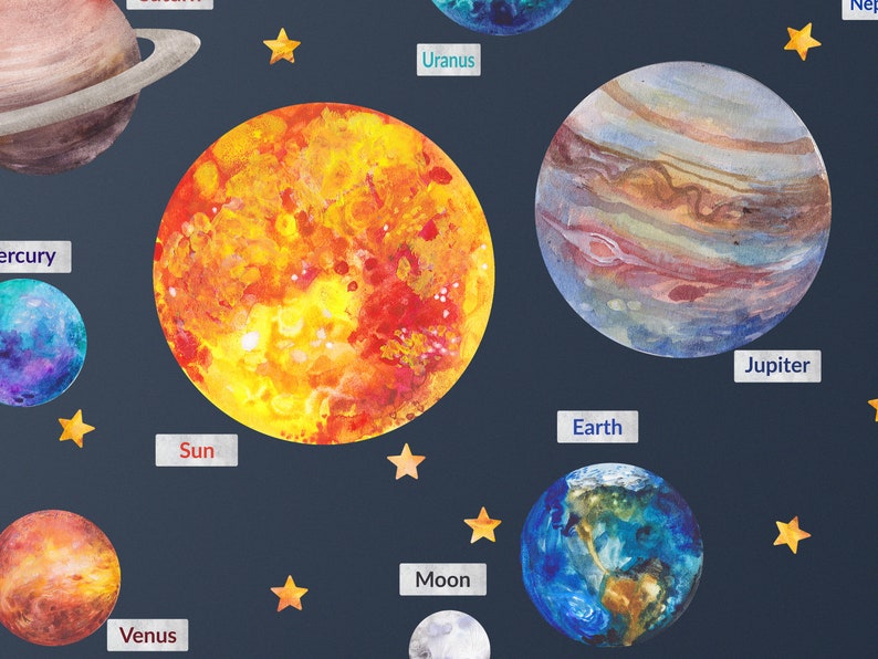 Solar System Large Wall Stickers for Kids Planets Space Big Solar System Wall Stickers Bedroom Playroom Watercolor image 5