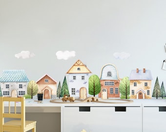 Wandaufkleber für Kinder - Bunte Stadt, Aquarell Wandaufkleber fürs Kinderzimmer, Wandsticker, Wand Dekor Set Selbstklebend