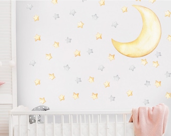 Watercolor Stars and Moon, Night Sky Wall Decals For Kids