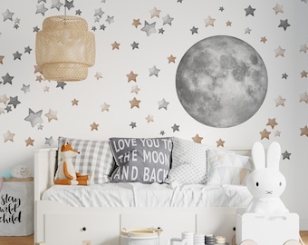 Large wall stickers - Super realistic Full Moon and 140 beige and gray Stars - Wall decoration girl's boy's room - Birthday baby shower gift