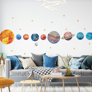 Solar System Large Wall Stickers for Kids Planets Space Big Solar System Wall Stickers Bedroom Playroom Watercolor image 4