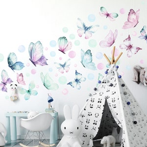 Butterflies wall stickers and dots  for children's room furniture - Pastel wall decal Colorful butterfly, Beautiful pastel Color