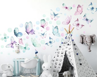 Papillons et points pastel colorés - stickers muraux pour meubles de chambre d'enfant