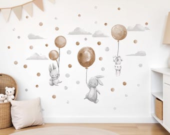 Wall sticker baby room rabbits & beige balloons clouds dots children's room wall sticker cute bunnies
