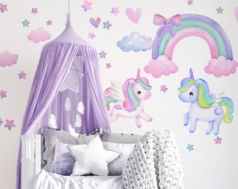 Wall Stickers Colorful Unicorns 2 hot air balloons Pink Purple Stars Clouds Large wall decoration Child's room Birthday gift for Baby shower