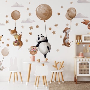 Grandi adesivi murali con animali su palloncini beige Panda Cervo Volpe Coniglietto immagine 3