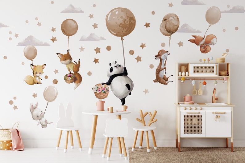 Grands stickers muraux avec animaux sur ballons beiges Panda Cerf Renard Lapin image 3