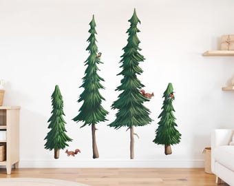 Forest Trees Wall Stickers Watercolor Pine Trees Nursery Mural Peel and Stick Forest Wall Sticker for Kids Room Decor