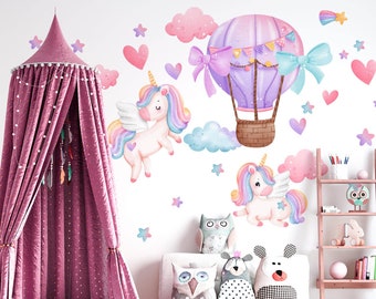 Wall Stickers Colorful Unicorns hot air balloons Pink Purple Stars Clouds- Large wall decoration Child's room Birthday gift for Baby shower