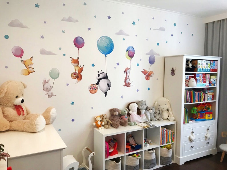 Große Wandsticker Tiere auf bunten Luftballons Panda Hirsch Fuchs Hase Wanddekoration Mädchen Jungenzimmer Geburtstag Babyparty Geschenk Bild 10