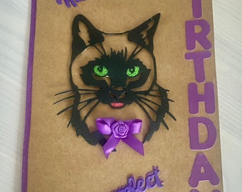Black Cat Birthday Card: Glitter Eyes, Purple Ribbon