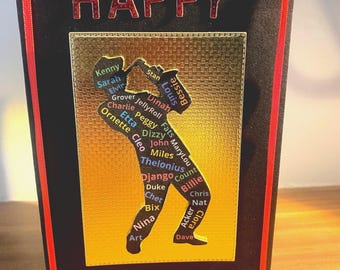 Jazz Greats Birthday Card: Saxophone Player Silhouette
