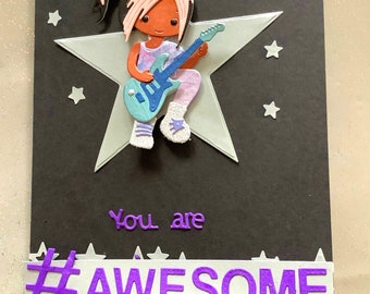 Customizable Rock Star Girl Card: Guitar Gift Tag Included