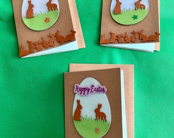 Brown kraft Easter card with playful bunnies and happy easter message - Handcrafted Happy Easter card for friends and family