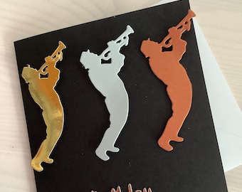 Musician birthday card (trumpet, double bass, saxophone)