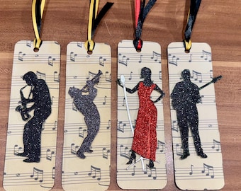 Handmade Glitter Jazz Musician Bookmark, Music Lover Gift