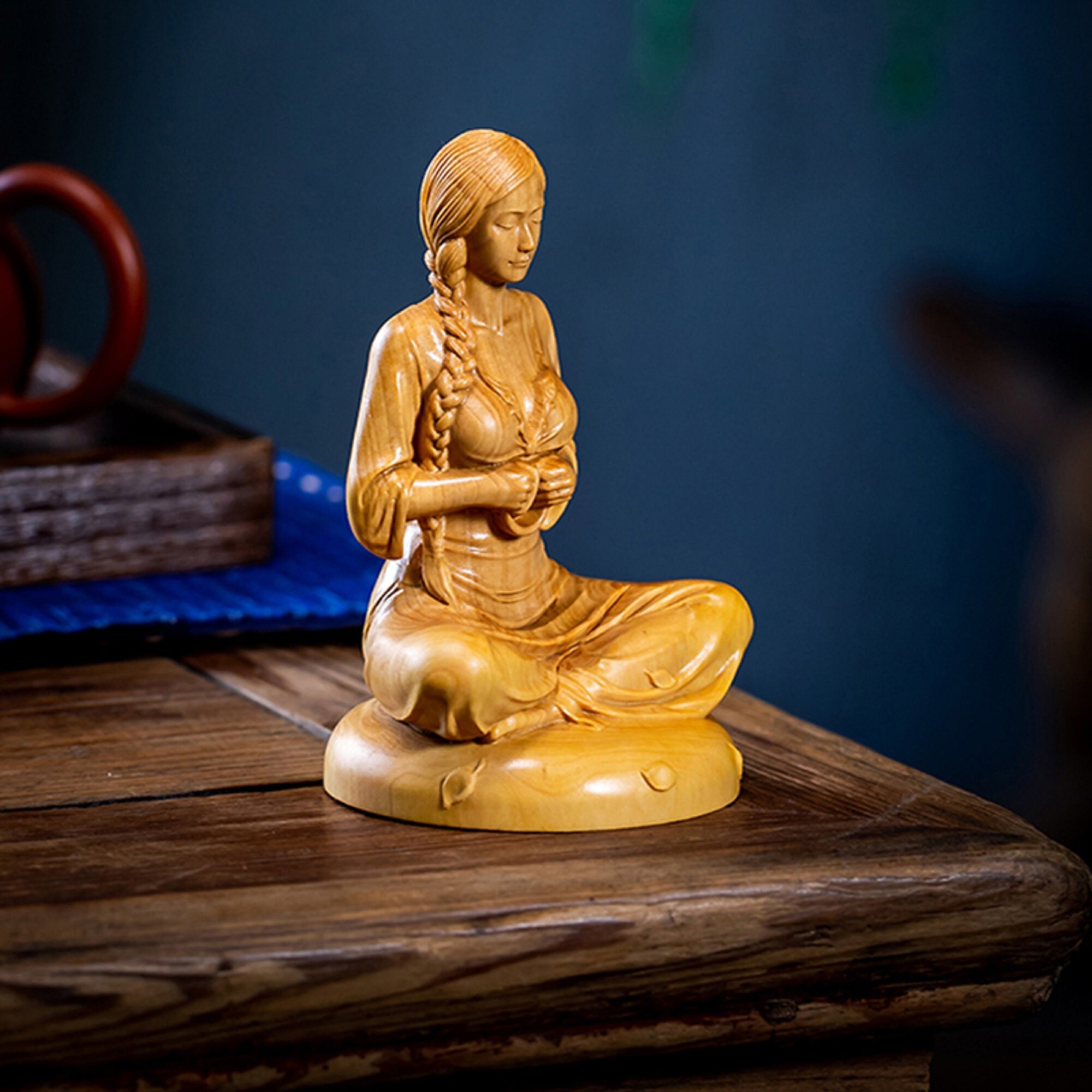 Wooden Meditating Beauty Lady Statue Hand Carving Decoration Etsy