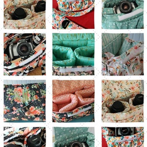May include: A collage of nine images showcasing various camera bags with different floral patterns. The bags are lined with soft fabric and have adjustable straps. Some bags feature a single compartment, while others have two compartments. The bags are designed to protect cameras and lenses.