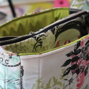 May include: Open tote bag with a floral print in pink, green, and black on a white background. The interior is lined with a bright green fabric. A zippered pouch is visible inside the bag. The bag has handles and a rectangular shape.