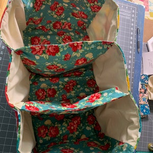 May include: A teal and white fabric tote bag with three compartments. The bag is lined with a cream-colored fabric and features a floral pattern with red roses.