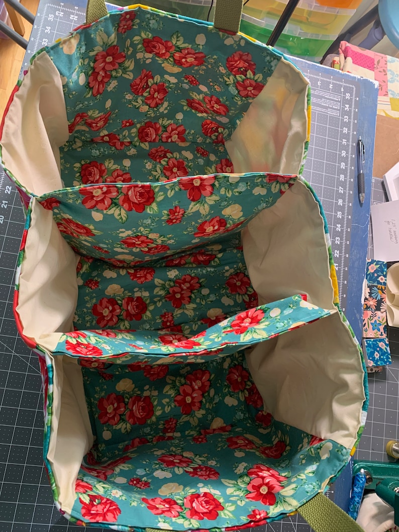 May include: A teal and white fabric tote bag with three compartments. The bag is lined with a cream-colored fabric and features a floral pattern with red roses.