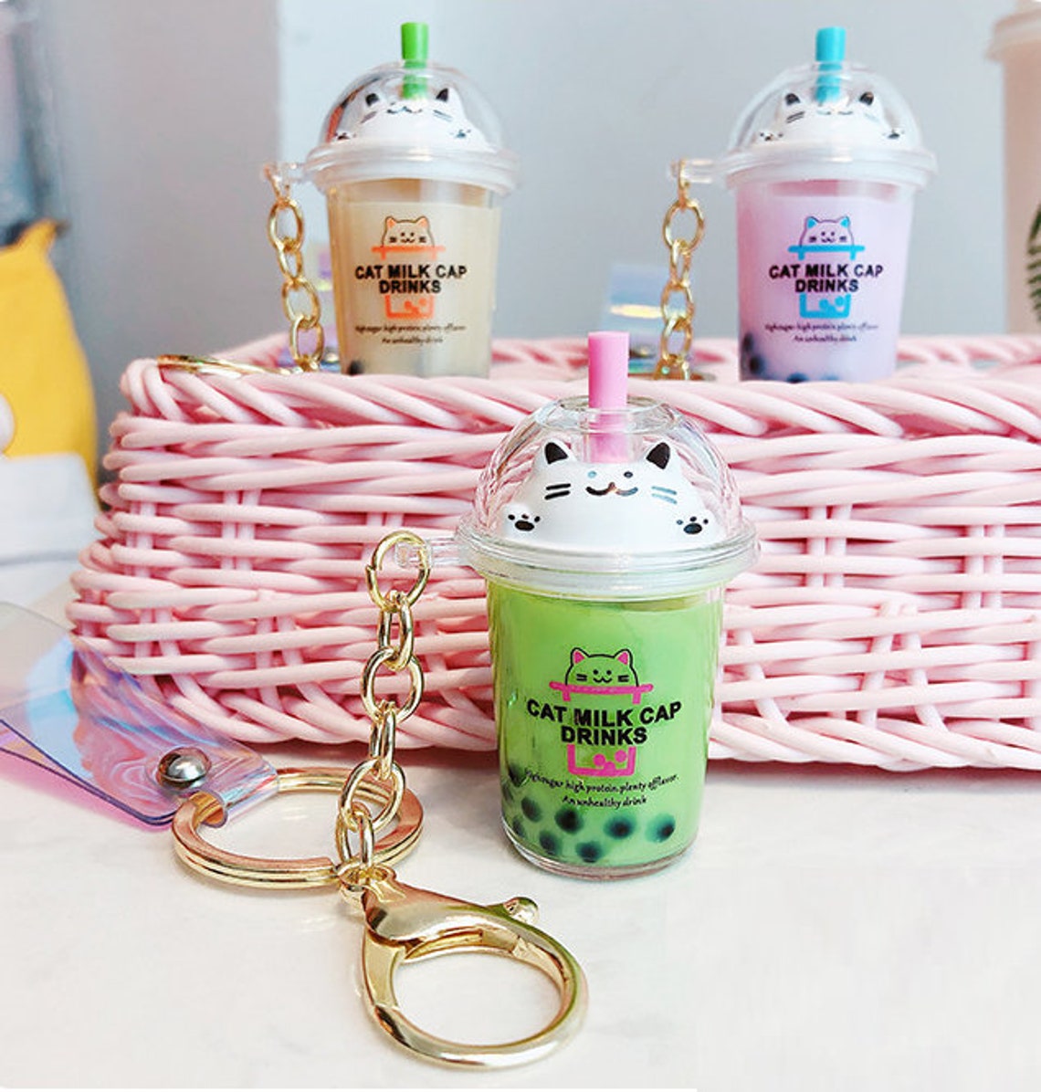 Cat Milk Cap Boba Milk Tea Keychain Liquid Keychain Bubble Tea | Etsy