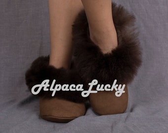 FreeCruelty Brown Alpaca Fur Slippers, unisex slippers, unisex alpaca bont slippers, bont slippers, zachte slippers, alpaca slippers