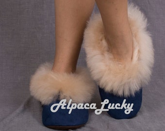 FreeCruelty Blue Alpaca Fur Slippers, pantofole unisex, pantofole unisex in pelliccia di alpaca, pantofole in pelliccia, pantofole morbide, pantofole alpaca