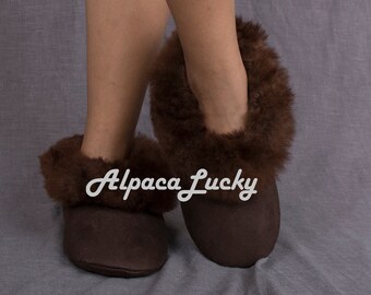 FreeCruelty Drak Brown Alpaca Fur Slippers, unisex slippers, unisex alpaca bont slippers, bont slippers, zachte slippers, alpaca slippers