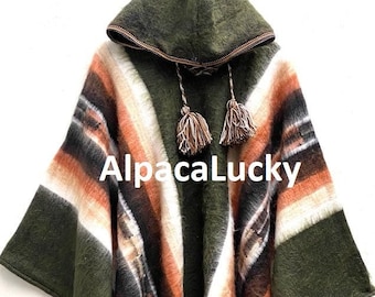 Groene militaire Alpaca Poncho voor mannen en vrouwen, alpaca poncho, poncho alpaca wol, Peru, poncho voor de winter, sjaal etnische, Peruaanse poncho's