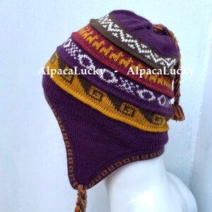 May include: A purple knitted hat with ear flaps and a braided tassel. The hat features bands of colour including brown, red, yellow, and white geometric patterns. The hat is designed to keep the head and ears warm.
