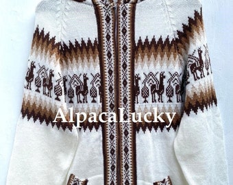 White with Brown Alpaca sweater, peruvian sweater, Unisex sweater, peruvian alpaca sweater, peruvian jacket, peru sweater, alpaca sweater