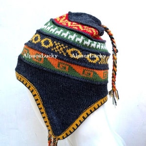 Cappello di alpaca peruviana unisex grigio scuro/verde chullo con paraorecchie Fodera al 100% Fodera in morbido pile Cappello a cuffia alpaca chullo cappello peruviano cappello perù