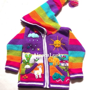 Children&#39;s purple cardigan Kids hooded sweater knitted, jacket toddler hoodies, Peruvian kids sweater hand embroidered details, kid jacket